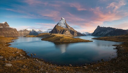 Vertical view of a lake surrounded by mountains in a remote landscape, seasonal change