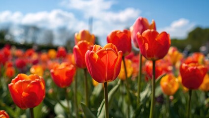 Obraz premium Vibrant red and yellow tulips in a lively summer garden, seasonal beauty