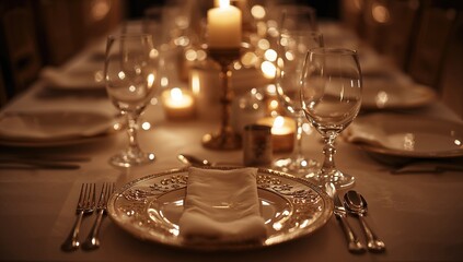 A beautifully arranged dining table adorned with fine porcelain and silverware, enhanced by gentle candlelight, ideal for a formal gathering