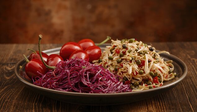 Traditional Georgian salad with hot chili pepper, sour red cabbage, and jonjoli, fiber-dense choice