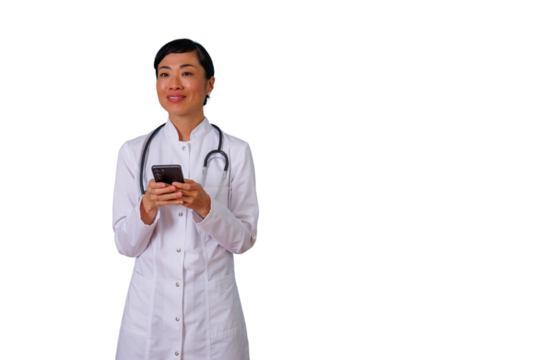 Professional woman holding tablet, looking away with curly hair, thinking about business and future technology, transparent background