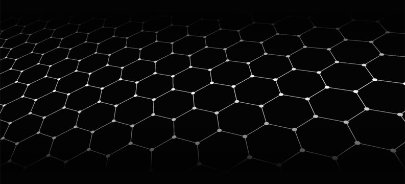 Black background. Dark hexagon carbon fiber texture. Navy blue honeycomb metal texture steel background. Web design template vector illustration EPS 10.
