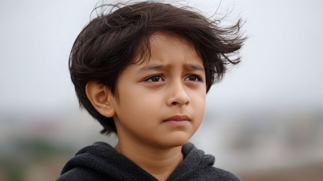 A pensive young boy with windswept dark hair gazes thoughtfully outdoors on an overcast day his expression conveying deep thought