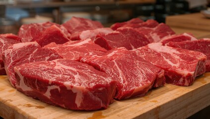 Variety of raw beef steaks ready for grilling, protein-rich meal