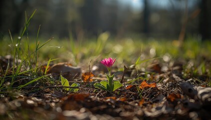 Early spring growth emerging among remnants of autumn, seasonal change