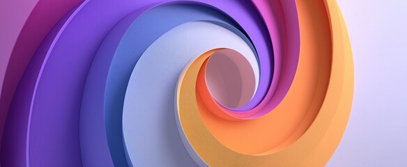 Colorful curved spiral shape on white background with purple orange and blue colors for minimalistic wallpaper design
