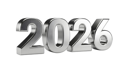 Shiny chrome 3d numbers 2026 isolated on transparent background
