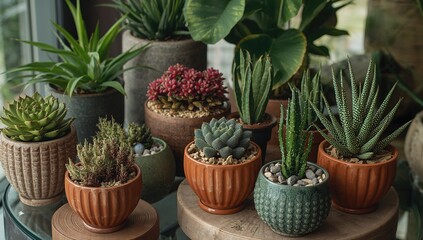 Succulent plants and nolina arranged in different pots indoors, enhancing interior aesthetics