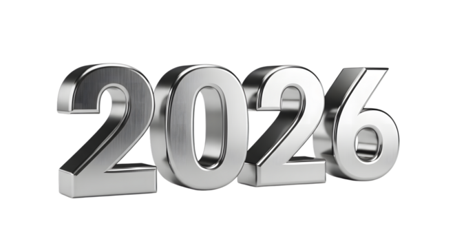 Shiny chrome 3d numbers 2026 isolated on transparent background