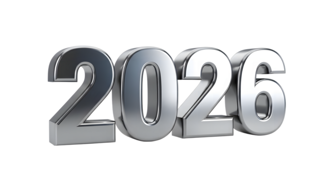 Silver 3d numbers 2026 isolated on transparent background