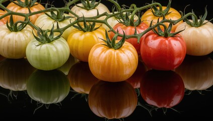 A series of organic tomatoes arranged in a line, showcasing freshness and natural quality
