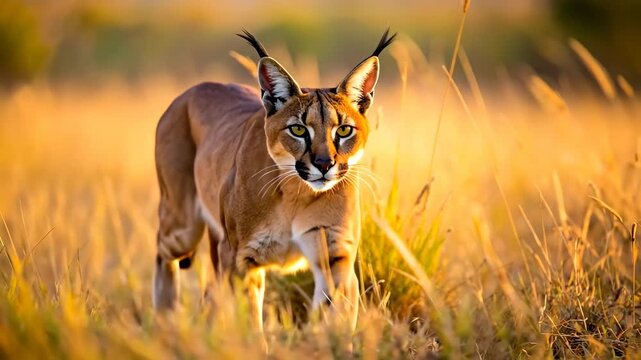 Majestic Caracal Strolling Through Golden Grasslands at Sunset.
