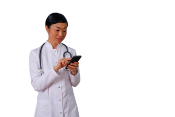 Businesswoman with curly hair using tablet for corporate communication and financial planning on transparent background