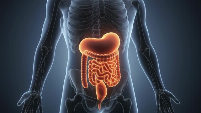 3D rendering of human digestive system highlighted within a translucent body.