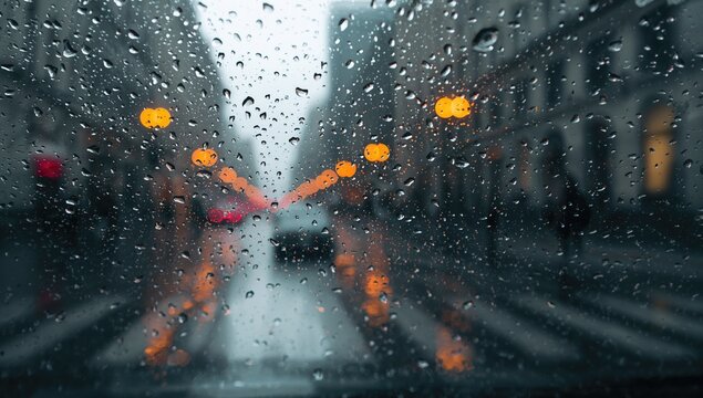 Raindrops on a vehicle's windowpane, creating a blurred street view, seasonal change