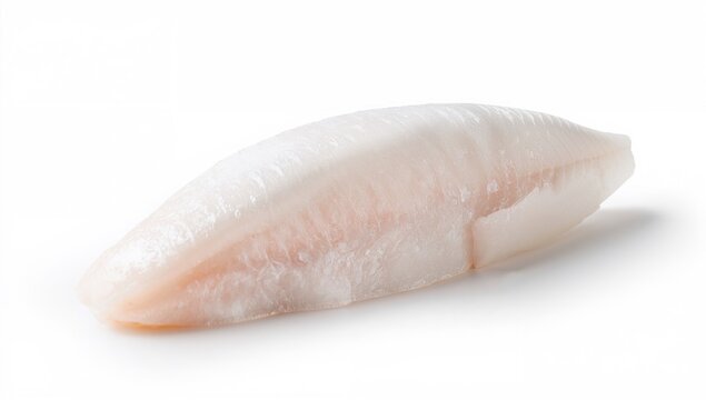 Cut portion of swai pangasius fish on a clean white backdrop, protein-rich meal