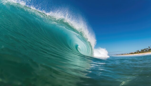 Breaking summer wave crashing on the beach, showcasing the power of the ocean, surfing experience