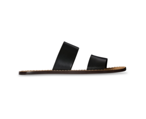 A Black Leather Sandal With Two Straps, Brown Leather Footbed, Flat Sandal on transparent Background, comfortable slip-on style. Ideal for casual wear.