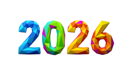 Colorful low poly 2026 numbers isolated on transparent background