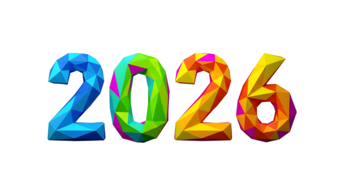Colorful low poly 2026 numbers isolated on transparent background
