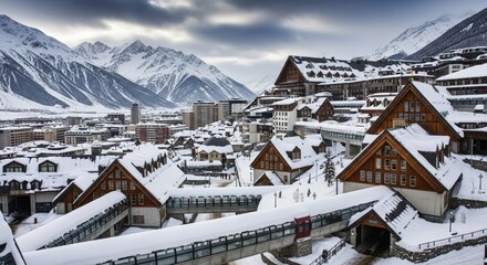 A picturesque winter scene of a snow-covered alpine village with traditional wooden buildings and modern walkways, set against a backdrop of towering snow-capped mountains under a cloudy sky.