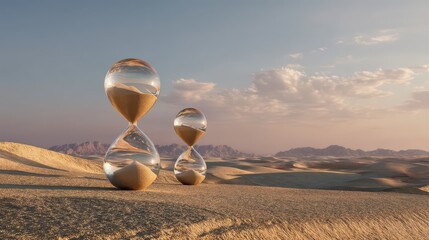 Hourglass Timers Reflecting Time in a Serene Desert Landscape