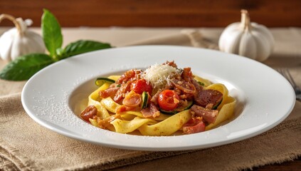 Fototapeta premium Pappardelle pasta featuring zucchini, ham, sun-dried tomatoes, and garlic, fiber-dense choice