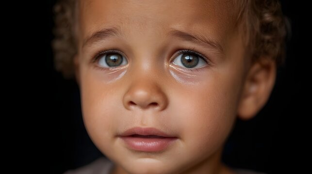Close up portrait of a young child s face expressing sadness and tearfulness against a dark blurred background