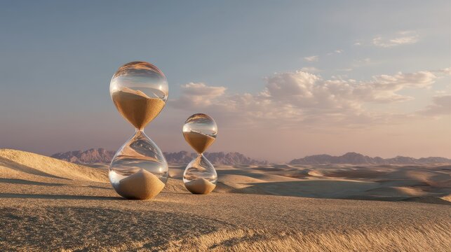 Hourglass Timers Reflecting Time in a Serene Desert Landscape