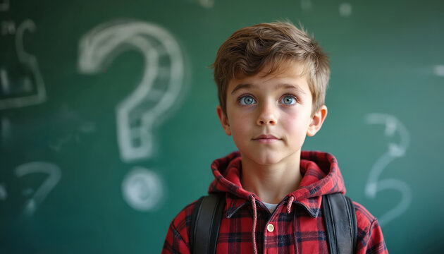 Young boy student with curious blue eyes looks thoughtful in class. Wears red plaid shirt, backpack, standing near blackboard with chalk question mark. Child thinks about school questions, problem