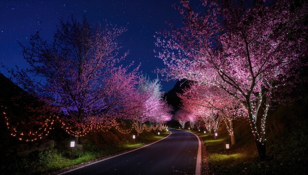 Illuminated cherry blossom pathway at night, enhancing seasonal beauty
