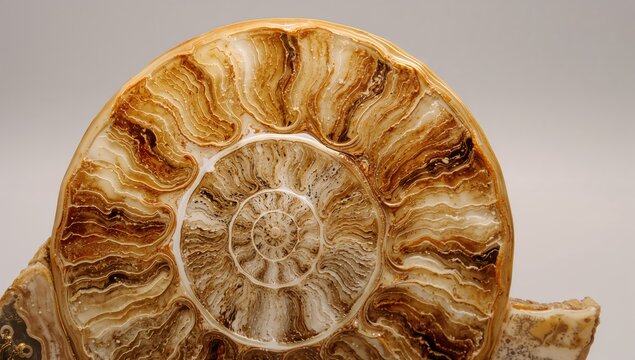 Golden spiral pattern within ammonite fossil featuring fibonacci sequence, natural design element for artistic applications