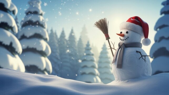 Snowman's Winter Wonderland: A cheerful snowman, adorned with a festive hat and scarf, stands in a snowy winter wonderland. The scene captures the beauty of winter. 