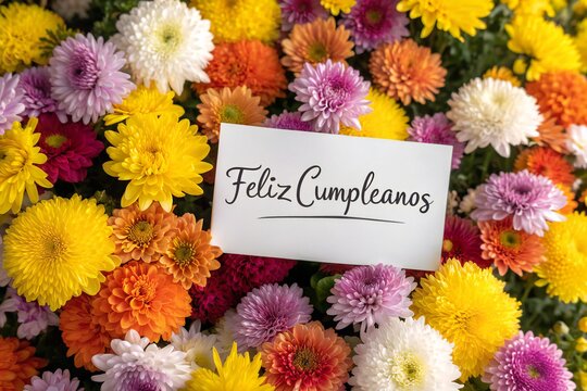 Tarjeta de Feliz Cumplea&ntilde;os sobre un lecho de crisantemos de colores vibrantes.