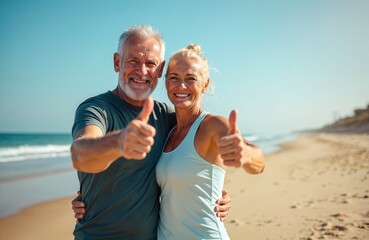 Happy senior couple shows thumbs up gesture on beach. Aged man woman hug after workout enjoying good sunny day outdoors. Smiling elderly people on vacation show positive emotions.