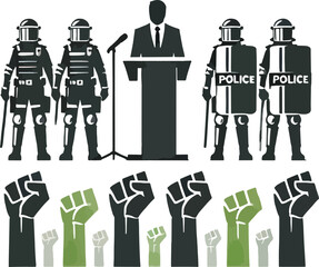 Government speaker with police protection and protest fists