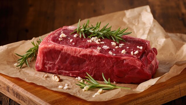 Raw beef steak garnished with rosemary and garlic on a rustic wooden surface, protein-rich meal - Powered by Adobe