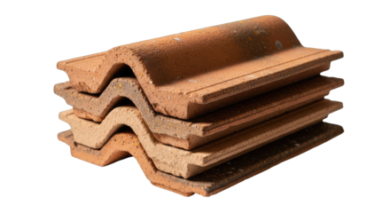 Stack of Terracotta Roofing Tiles with Curved Profile and Textured Surface Under Natural Lighting Isolated on Black Background