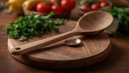 Wooden spoon and cutting board placed on a brown tabletop, essential tools for culinary preparation
