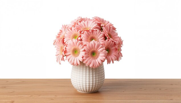 Pink gerber flower arrangement in a decorative pot on a wooden surface, ideal for seasonal decor