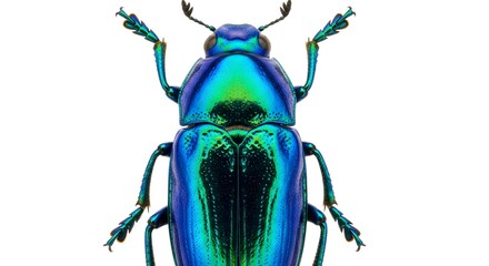 Iridescent jewel beetle, revealing its vibrant blue and green metallic sheen, intricate exoskeleton and delicate antennae