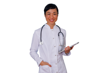 Businesswoman with curly hair smiling and looking at camera, using a laptop for work, managing online tasks. Transparent background