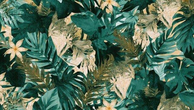 Modern illustration featuring tropical foliage, textured grunge elements, ideal for summer-themed design applications - Powered by Adobe