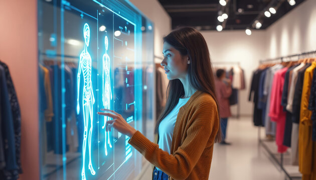 Woman uses futuristic touch screen displaying human anatomy. She interacts with digital interface in modern clothing store. AI tech helps with style and fit. - Powered by Adobe