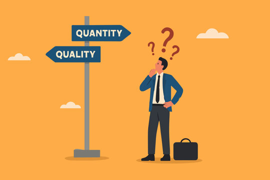 choosing quality or quantity concept illustration. businessmen who are confused about choosing quality or quantity direction boards. management to assure excellent work concept illustration flt style