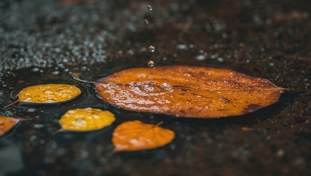 Close-up of a drop entering a puddle during rain, highlighting seasonal change