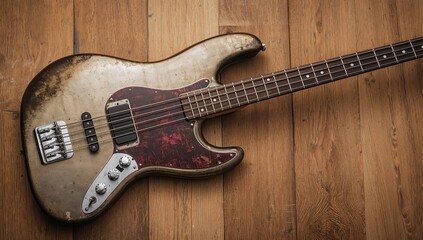 Old Bass Guitar Resting Wooden