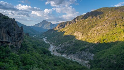 Fototapeta premium Beautiful valley and mountain landscape, seasonal change