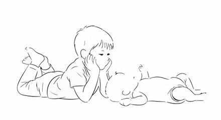 Simple line art illustration of a boy and baby sibling bonding isolated on white.