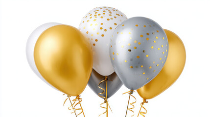 Celebratory gold and silver balloons with confetti isolated on white background party decor festive atmosphere